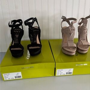 Gianni Bini Laser-Cut Ankle-Strap Wedge Sandals - Black & Taupe